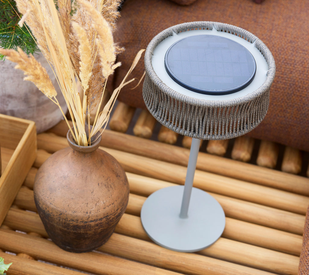 Stilig illusjonslampe med LED-lys på en slank stand, ledsaget av en dekorativ vase og tørkede planter på en treoverflate.