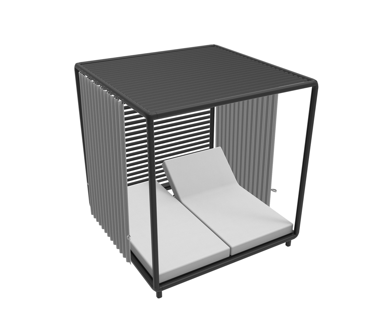 Stilig cabana med moderne design, som har to polstrede solsenger og slanke vertikale spiler for et samtidsutseende.