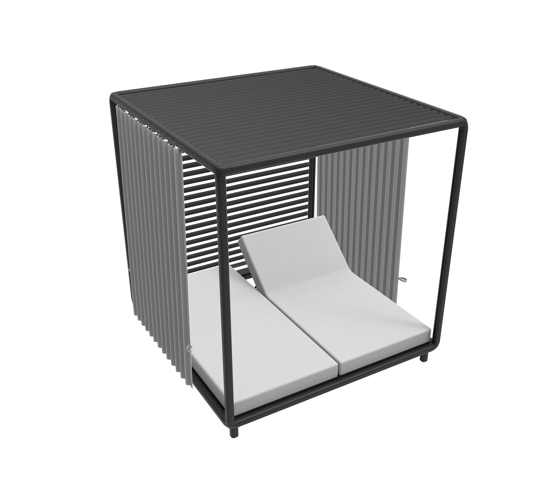Stilig cabana med moderne design, som har to polstrede solsenger og slanke vertikale spiler for et samtidsutseende.