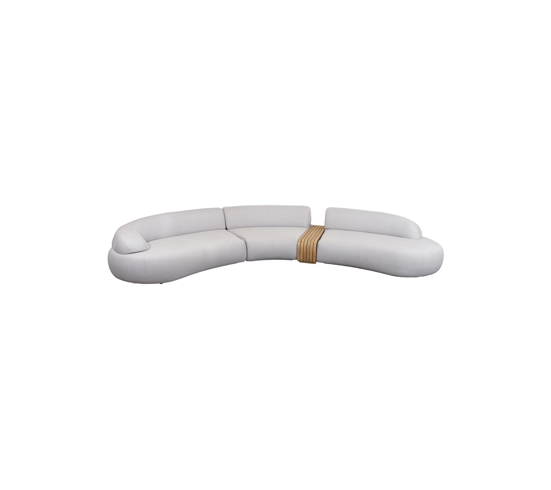 Stilig buet sofa med et strømlinjeformet design, myk polstring og en treak accent for et moderne utseende. Perfekt for avslappende rom.