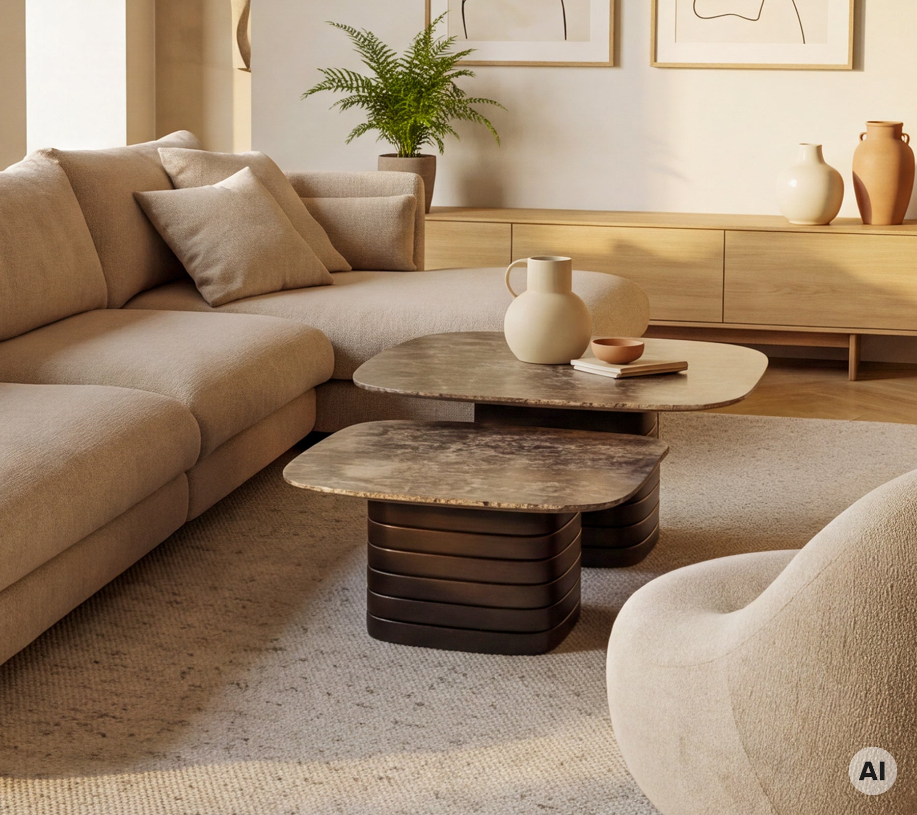 Beige sofa med et brunt kaffebord og en hvit vase i en moderne stueinnredning.