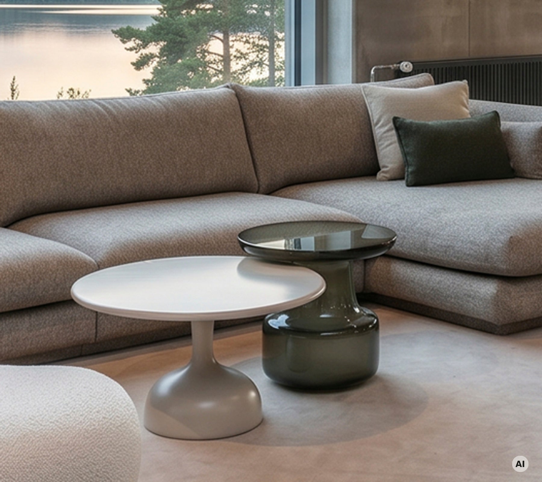 Moderne stue med en grå sofa og hvite og grønne bord.