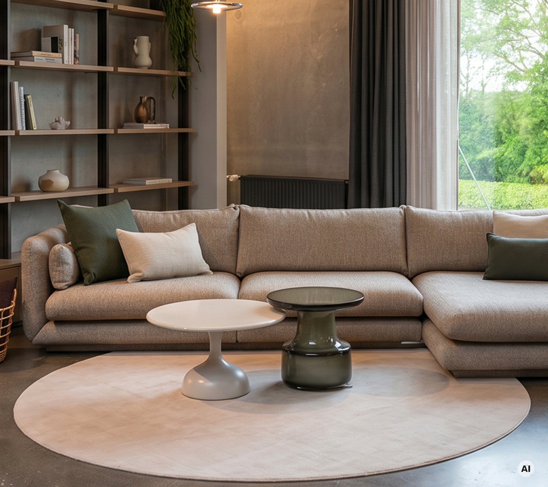 Moderne stue med beige sofa, hvit bord og grønn pute.