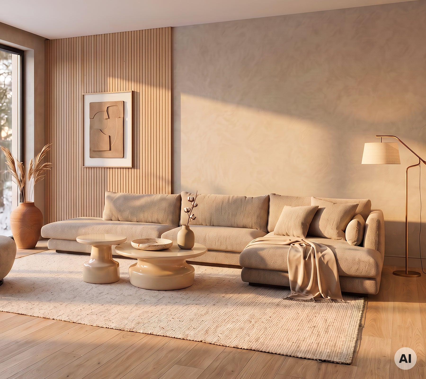 Moderne stue med en beige sofa, rundt kaffebord og et mykt teppe.