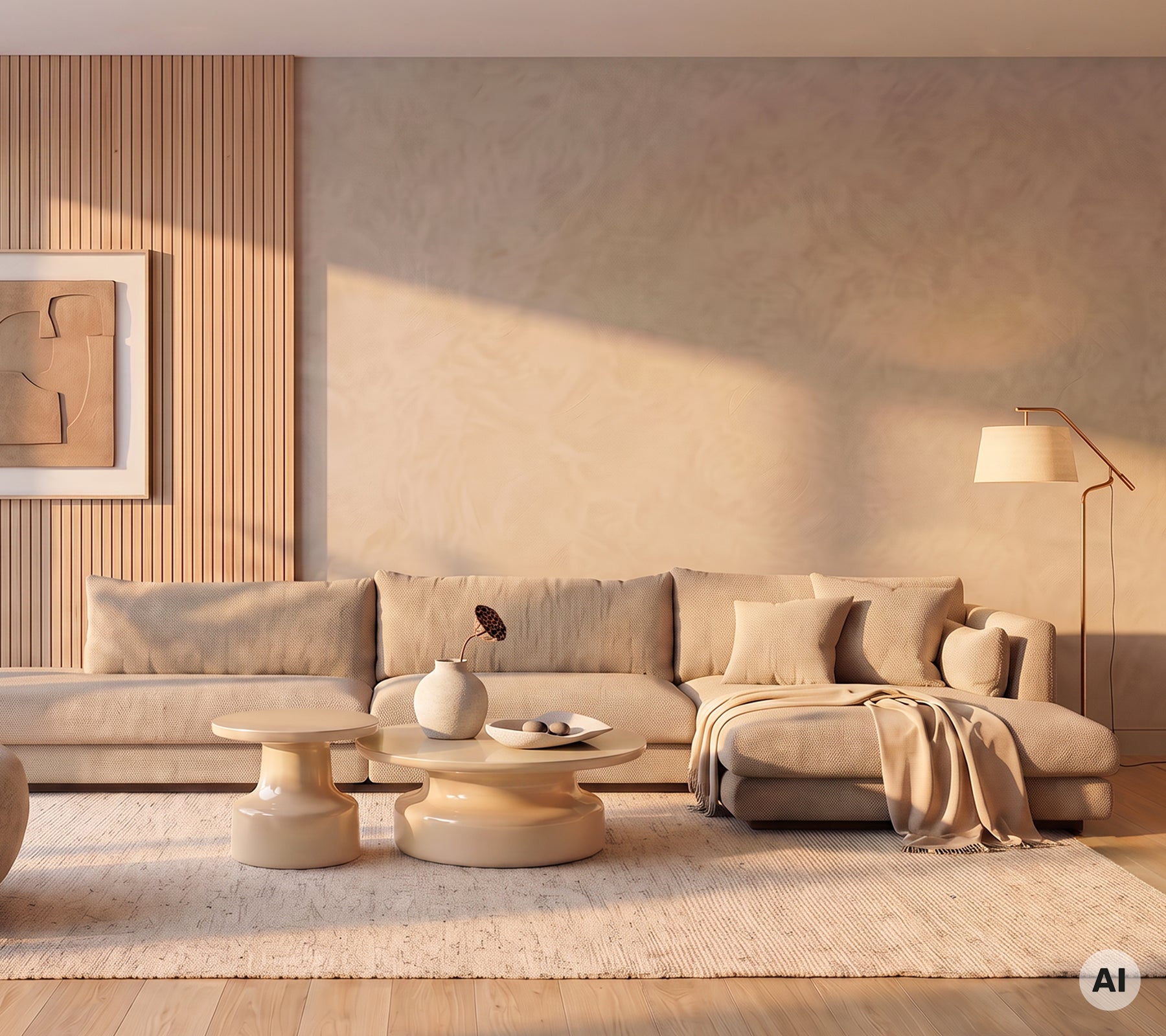 Moderne minimalistisk stue med en beige sofa-modul og rundt kaffebord.
