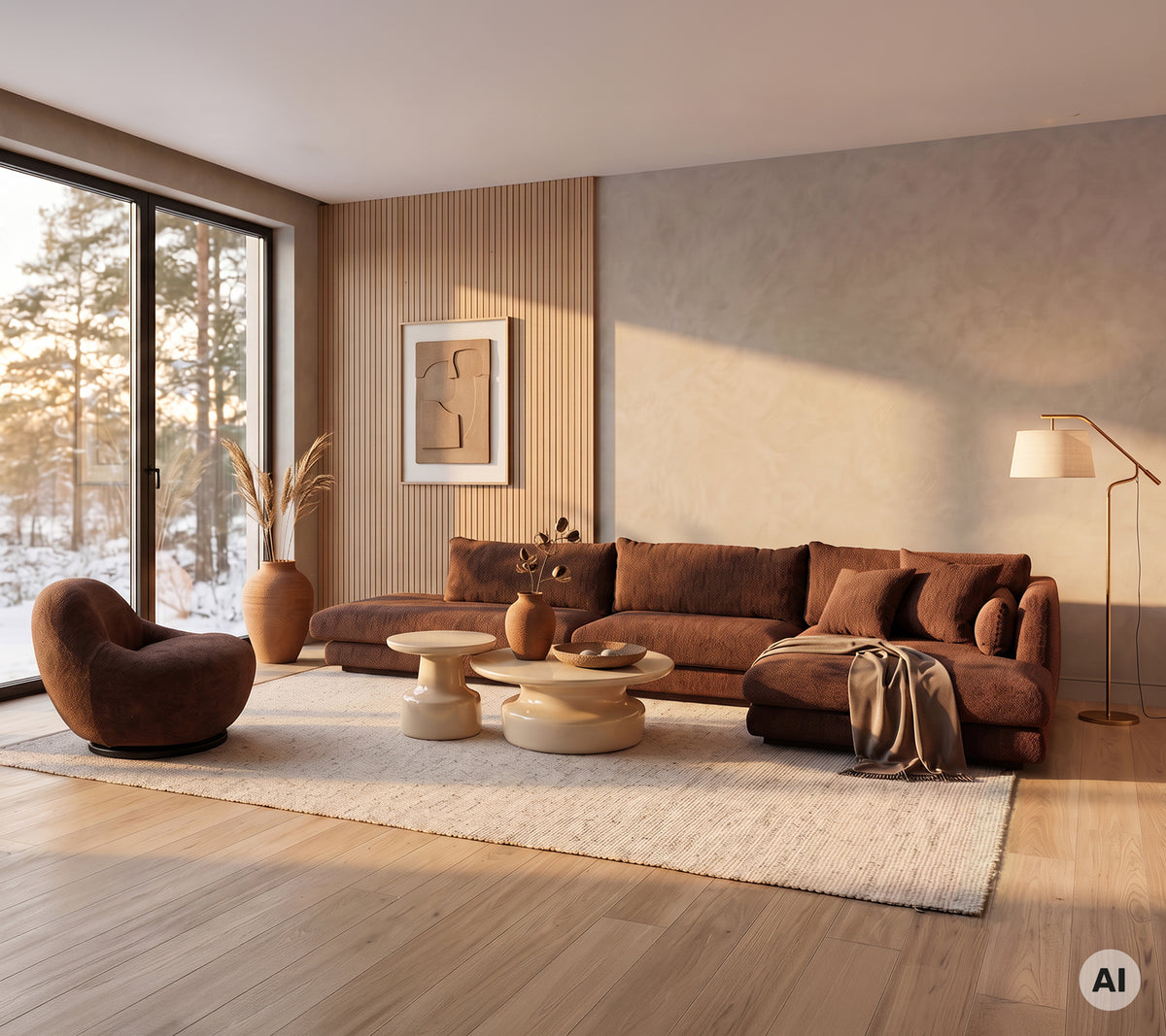 Brun sofa og lenestol med lys trebord i en moderne loungeinnredning.