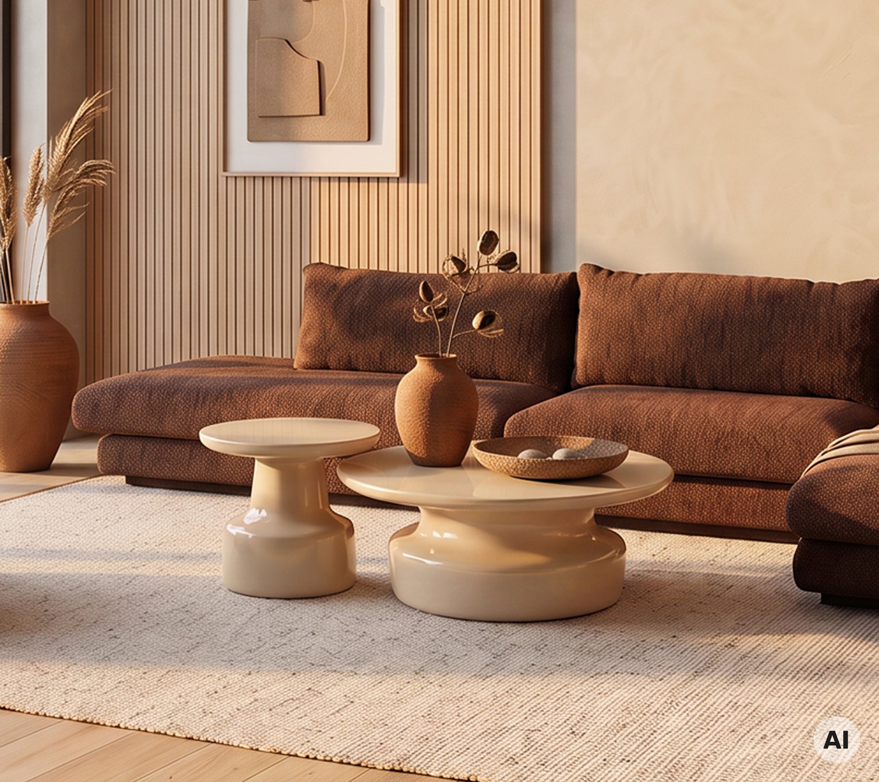 Moderne stue med en brun sofa, beige salongbord og dekorative vaser.