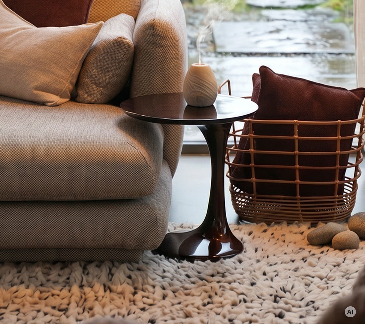 Moderne stue med grå sofa, brun sidebord, rød pute og hvase vase.