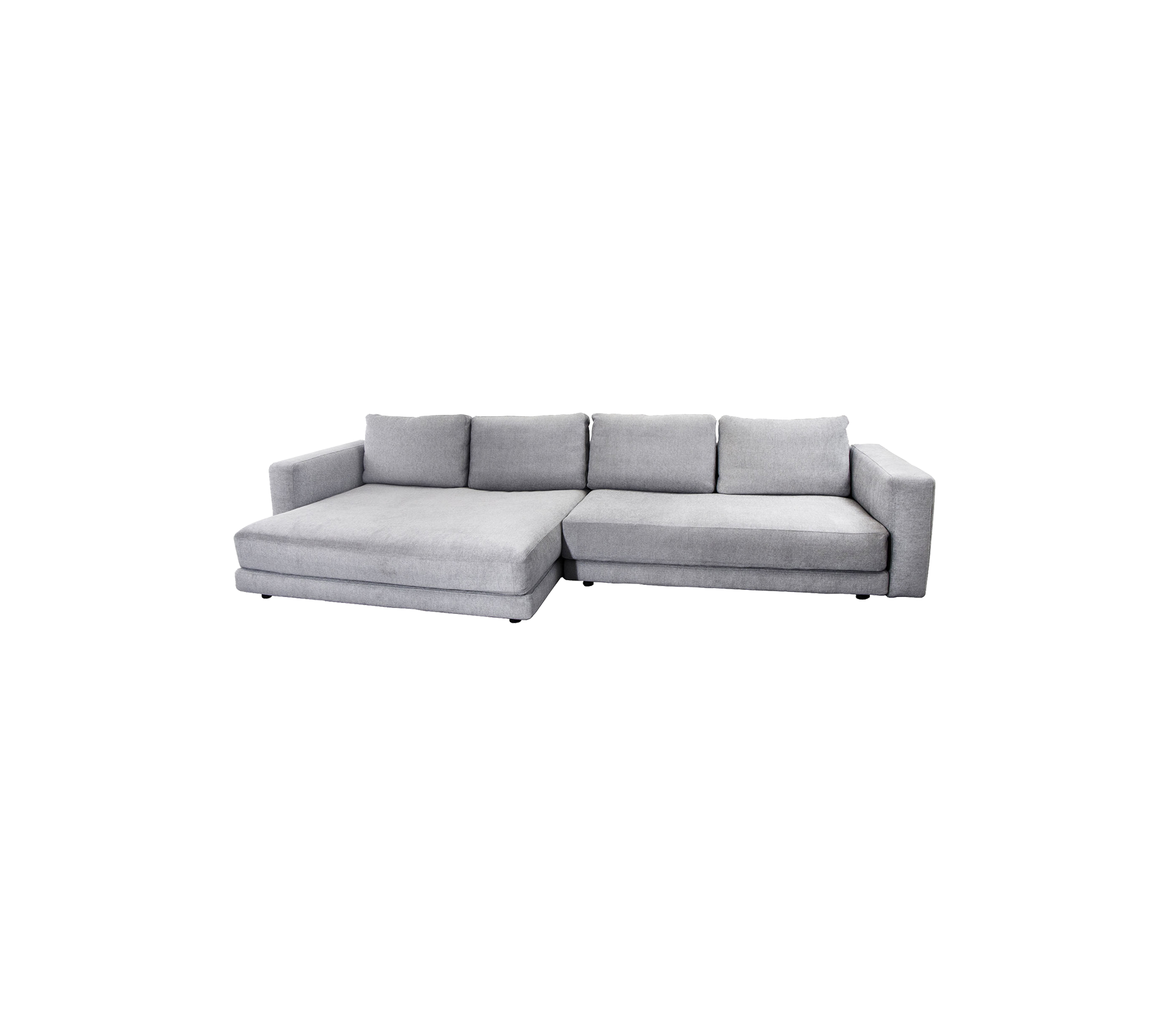 Moderne grå seksjonssofa med chaise lounge, med myke puter og et stilrent design for komfortabel sitting.