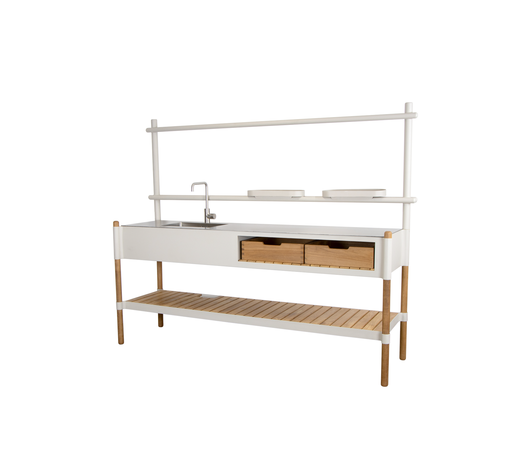 Stilfull kjøkkenenhet med en vask, to skuffer og en åpen hylle for oppbevaring, komplettert med et moderne design.