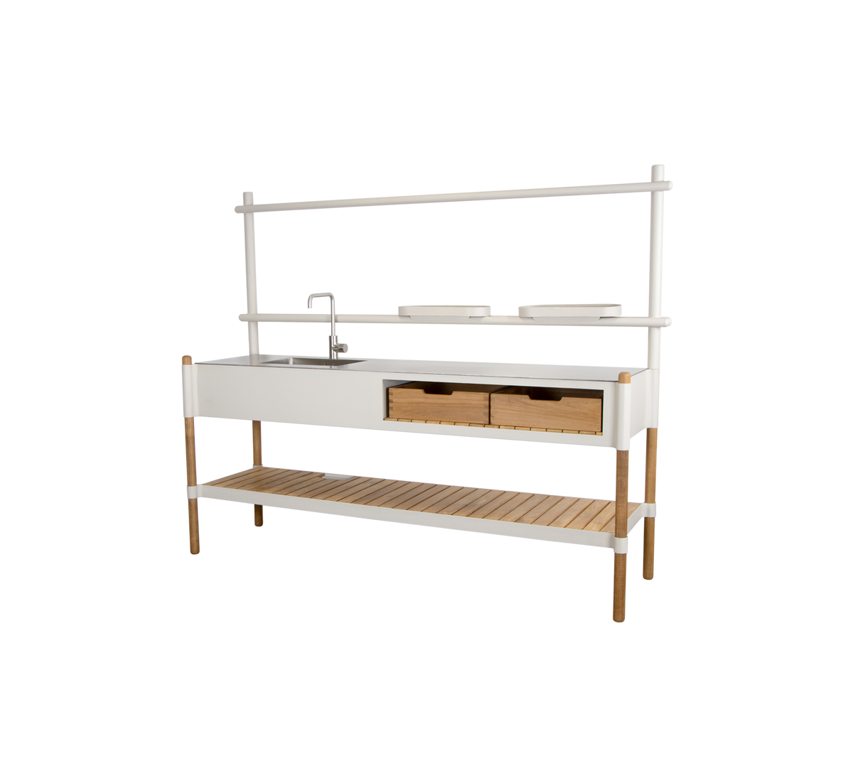 Stilfull kjøkkenenhet med en vask, to skuffer og en åpen hylle for oppbevaring, komplettert med et moderne design.
