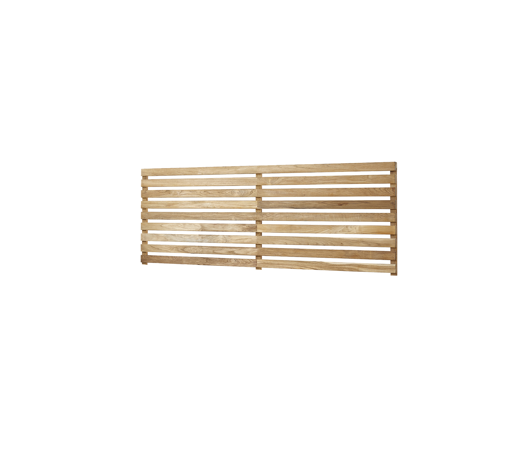 Trekledd panel med naturlig finish, som har jevnt fordelte spiler for ventilasjon eller dekorativ bruk.